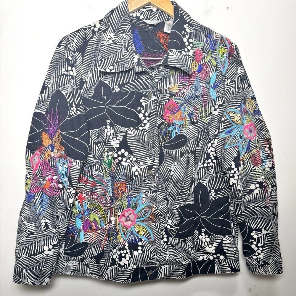 Laura Ashley Embroidered Jacket 1X Floral Cotton Boho Black Multicolor